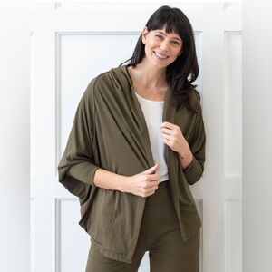 TERRERA Dolman Sleeve Hooded Open Front Loungewear Cardigan Olive Army Green
